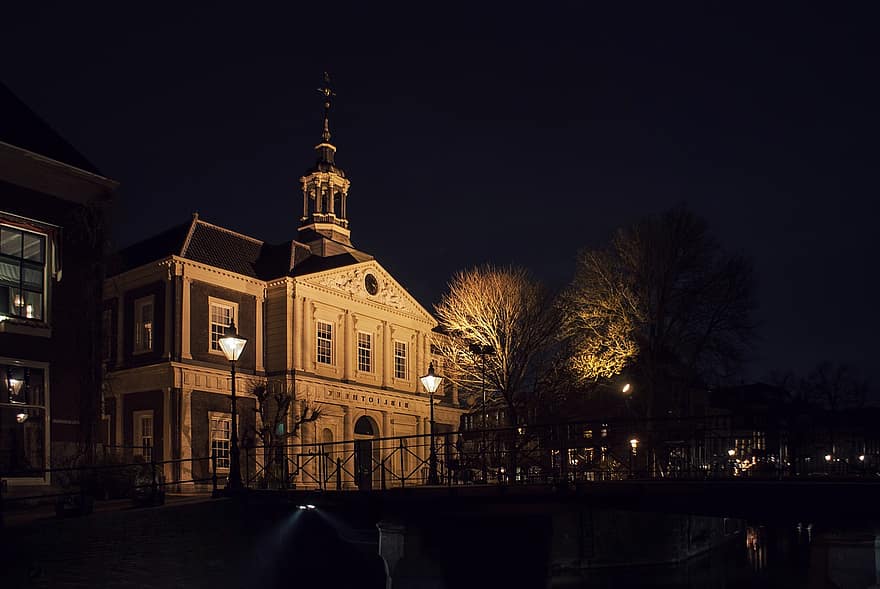 kukorica cseréje, épület, éjszaka, építészet, belváros, Schiedam, Hollandia