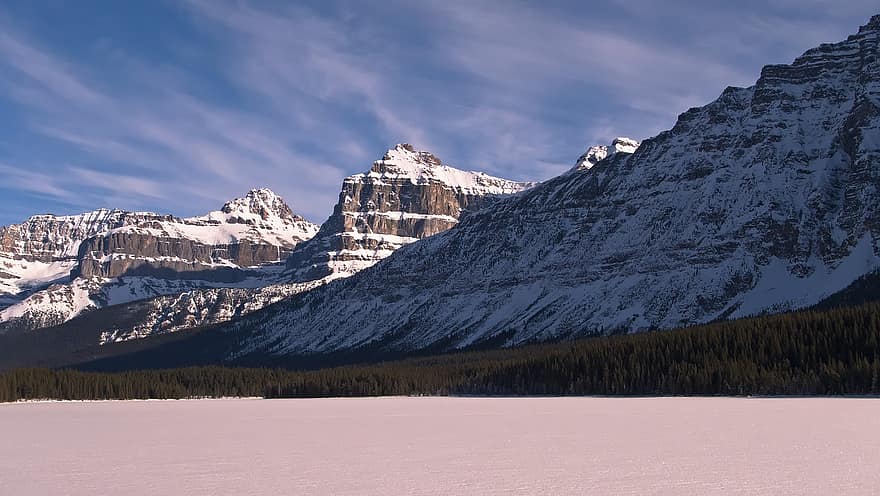 munţi, zăpadă, răsărit, iarnă, dimineaţă, peisaj, de munte, mediu rural, câmp de gheață, alberta, Canada