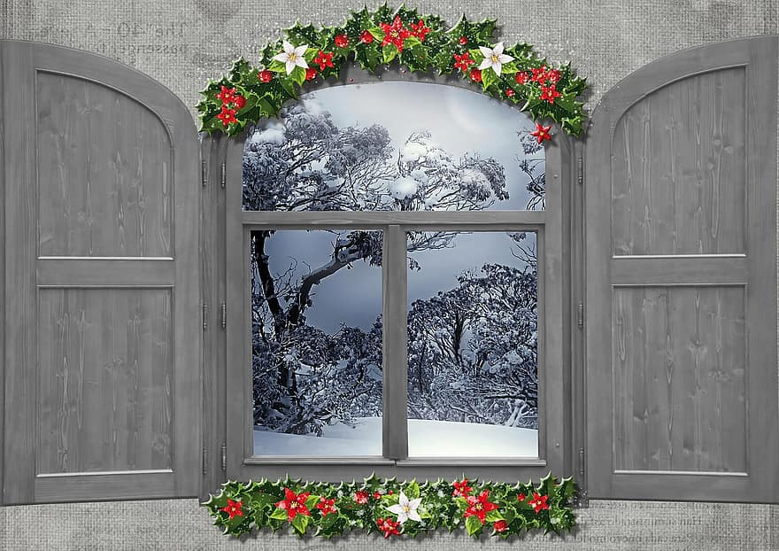 Winter, Collage, Composition, Window, Snow, Nature, Season, Landscape, Forest, Seasonal, White