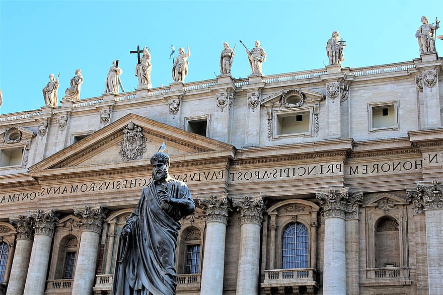 pyhän peterin aukio, St. Peterin basilika, kirkko, Apostoli Paavalin patsas, Vatikaanivaltio, Rooma, Italia