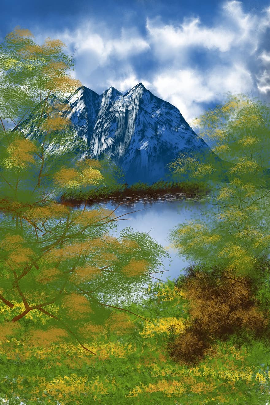 планина, езеро, живопис, изкуство, връх, природа, гора, есен, пейзаж, дърво, трева