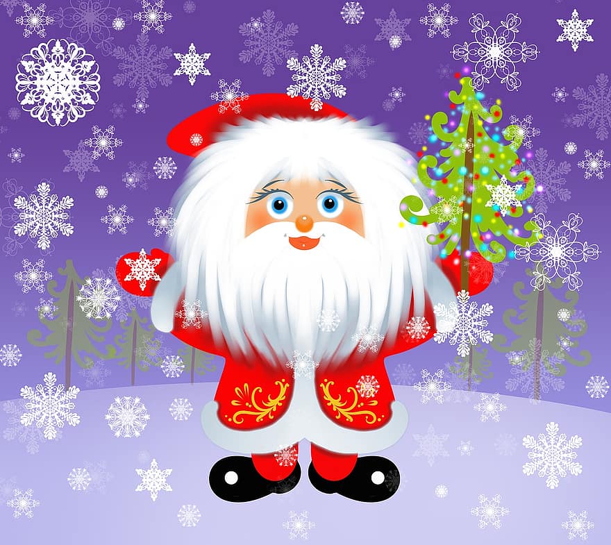santa, julemanden, snefnug, gaver, fest, helligdage, skæg, illustration, postkort, nytårsaften, sildeben