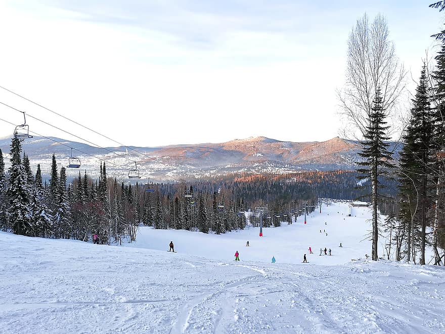 skisportssted, stå på ski, sne, mennesker, træer, vinter, bjerge, udvej, landskab, Sheregesh, sibirien