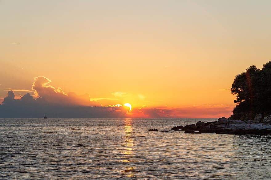 Rovinj, Croacia, adriático, puesta de sol, nube, naranja, mar, isla, verano, calentar, vacaciones