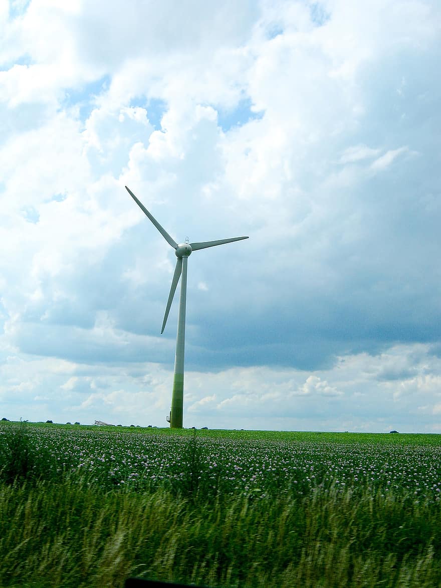 windmolen, energie, veld-, wolken, hemel, hernieuwbare, technologie