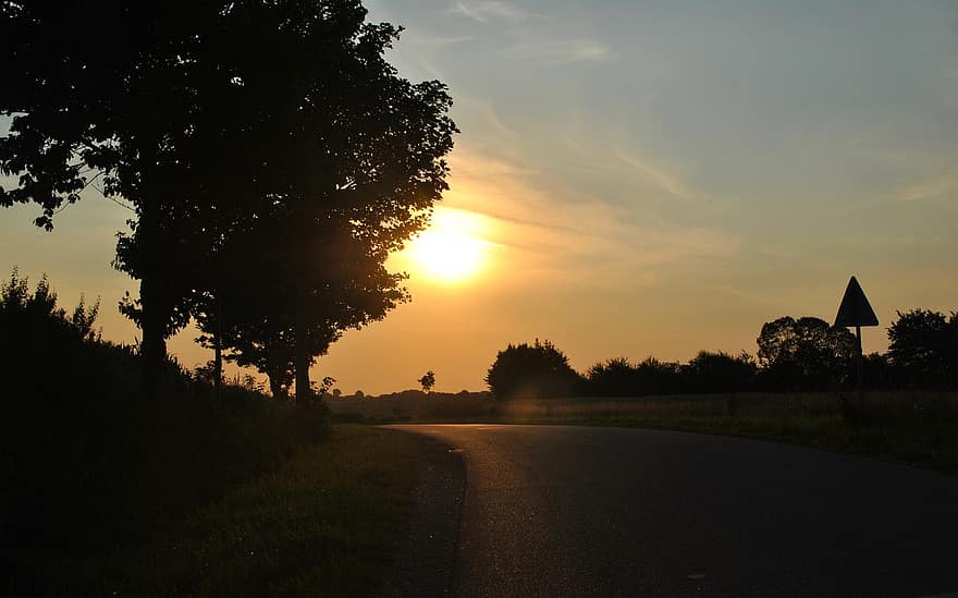Sunset, Silhouette, Landscape, Road, Roadway, Sun