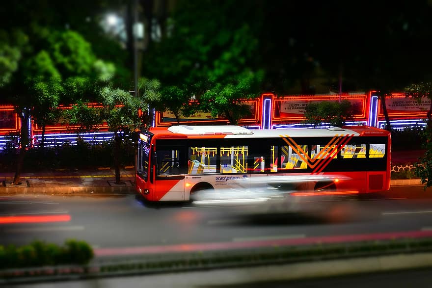 bus, Jakarta, nacht, straat, verkeer, auto, vervoer, wazig beweging, stadsleven, snelheid, dubbeldekker