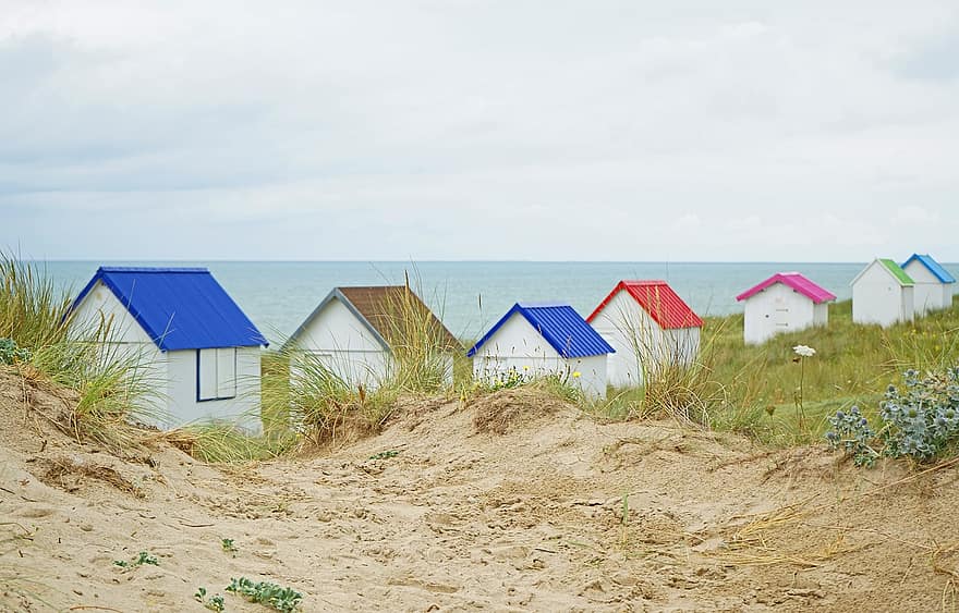 นอร์มองดี, ฝรั่งเศส, gouville, Gouville-sur-mer, ชายหาด, บ้านชายหาด, บ้านผลัดผ้าอาบน้ำ, ห้องแต่งตัว, มีสี, ฤดูร้อน, ดวงอาทิตย์