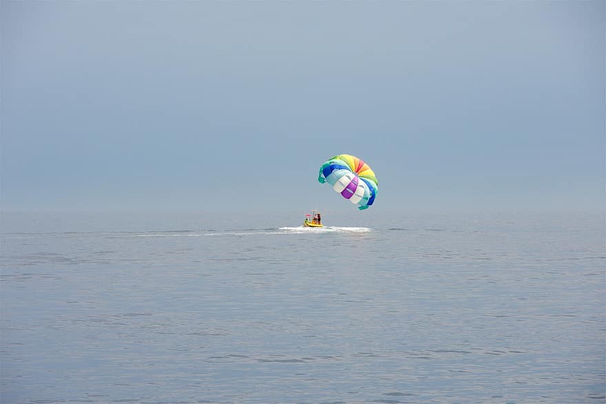 Boat, Sea, Vacation, Parasailing, extreme sports, sport, parachute, flying, leisure activity, summer, blue