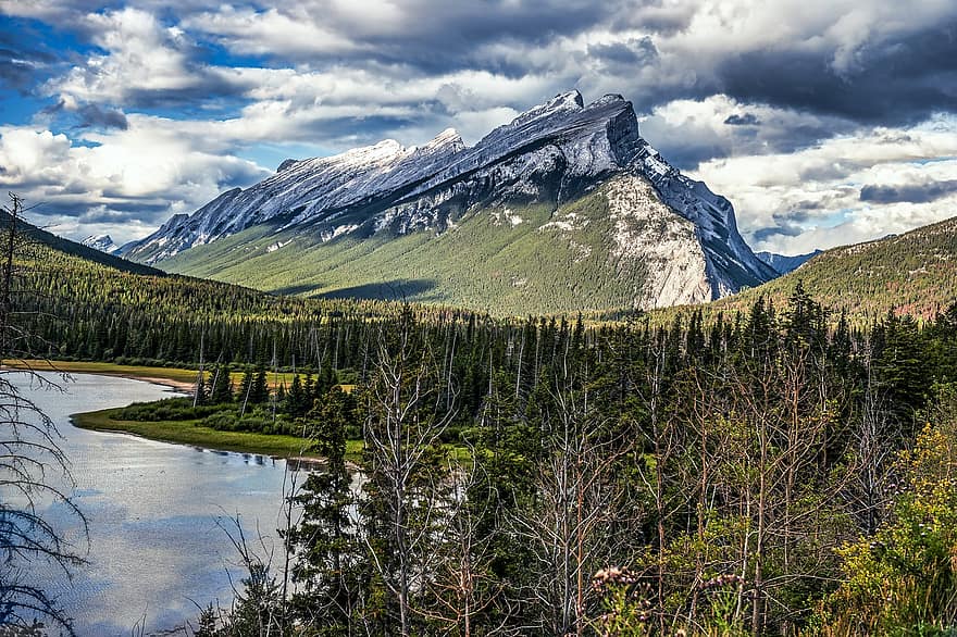 Lake, Mountain, Forest, Banff, Canada, Nature, landscape, grass, mountain peak, tree, water