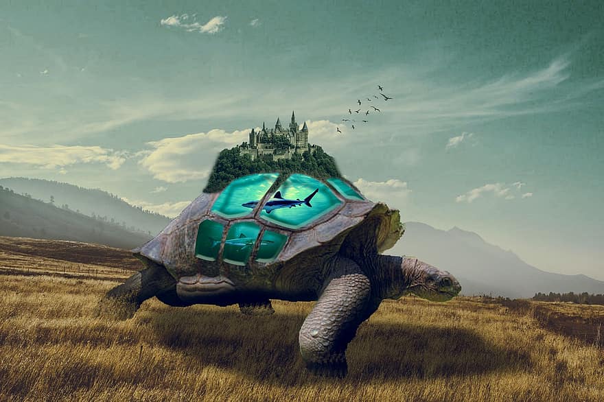 gigantiske skildpadde, skildpadde, slot, undervands-, Surrealistisk foto