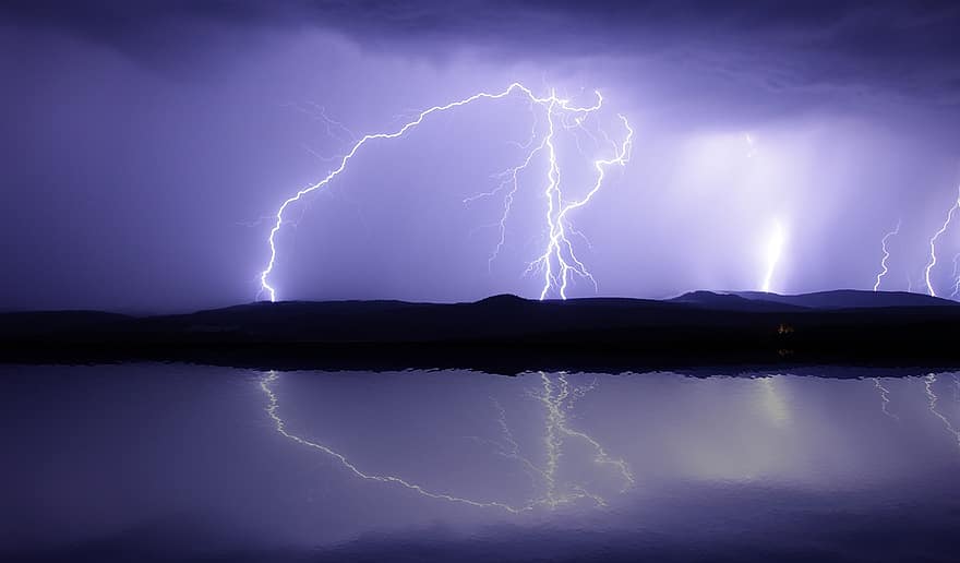 vihar, villám, tó, energia, zivatar, víz, visszaverődés, elektromosság, eső, felhők, tájkép