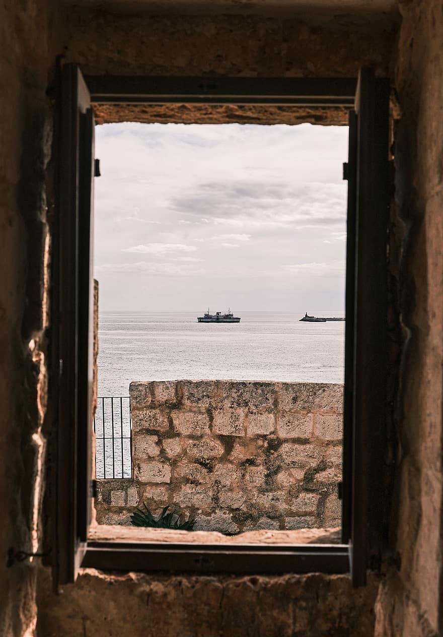 starý, budova, okno, dřevo, scénický, moře, ruiny, opuštěný, zbytek, kámen, Malta