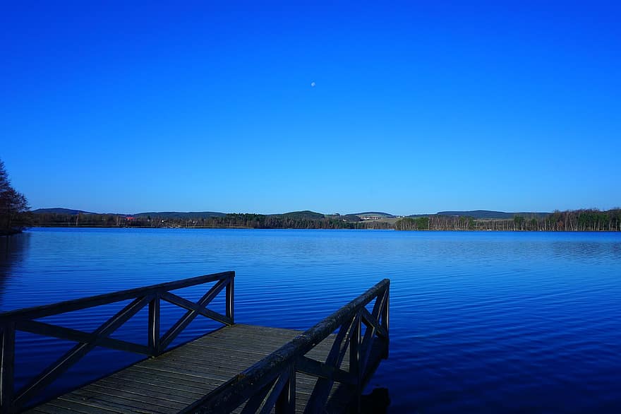 Lac, la nature, Dock, en plein air, bleu, eau, été, paysage, jetée, bois, Montagne