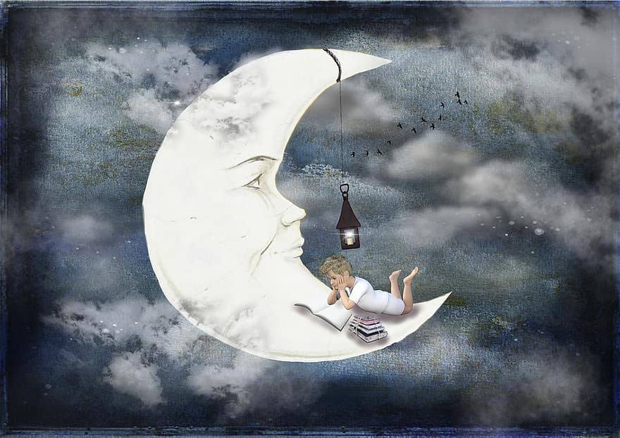 mặt trăng, con trai, sách, những đám mây, bầu trời, đèn lồng, đọc, mơ, ánh sáng, đêm, ngôi sao