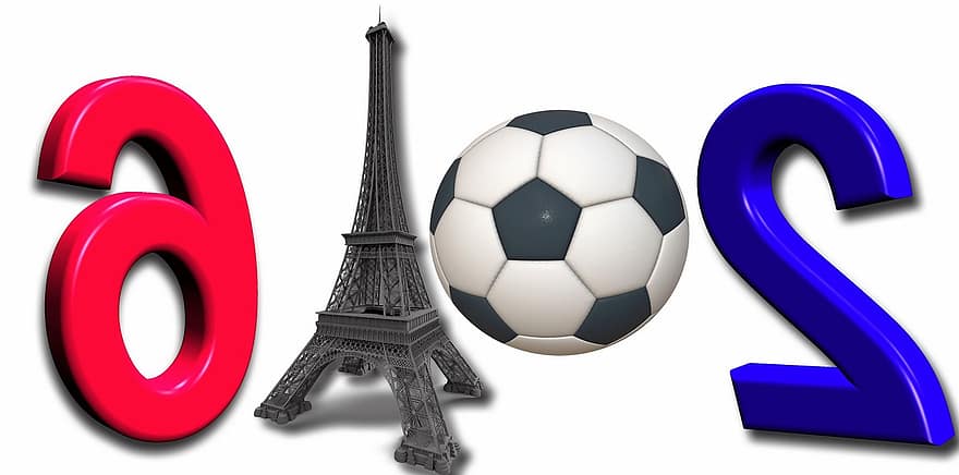 campeonato Europeo, fútbol, Francia, Torre Eiffel, bola, redondo, rojo, blanco, azul, partido de fútbol, em
