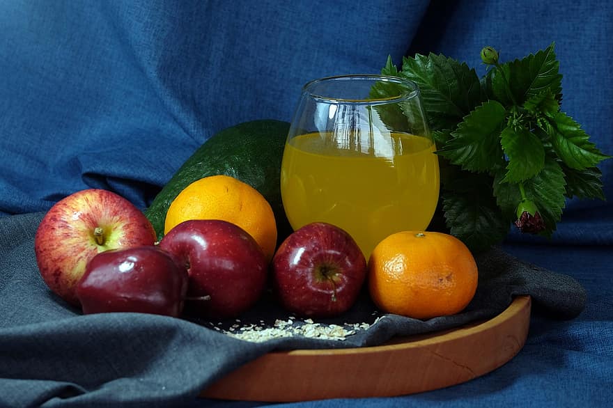 과일, 건강한, 음주, 사과, 주황색