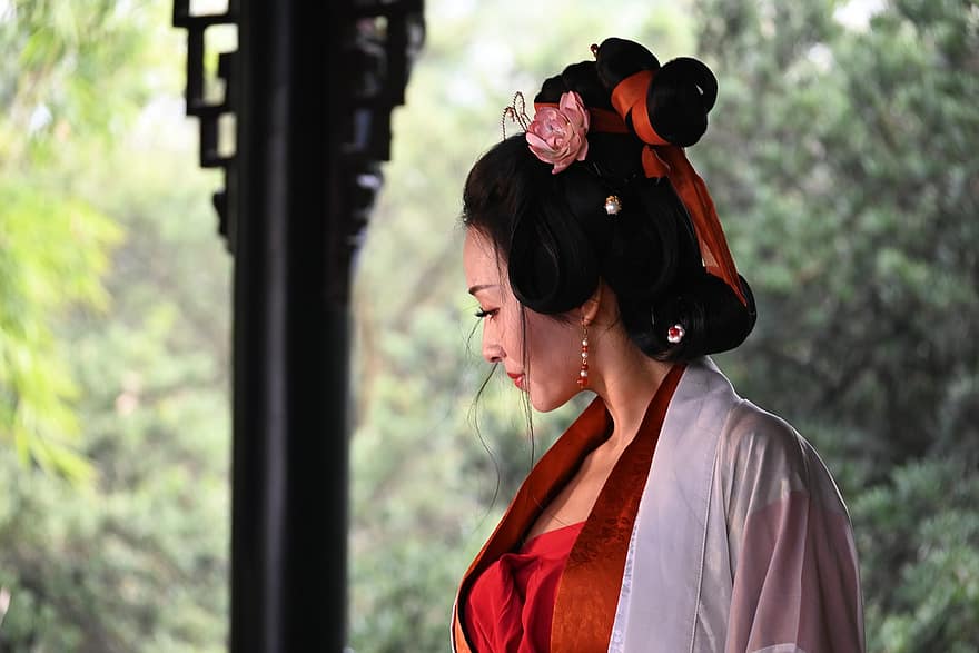 sieviete, hanfu, kostīms, matu aksesuāri, tradicionāli, kultūra, ķīniešu, meitene, deja