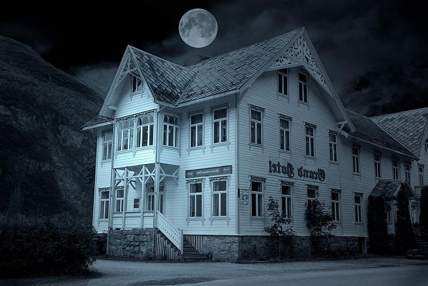 الفندق ، ليل ، القمر ، مخيف ، منزل ، حزين ، أزرق