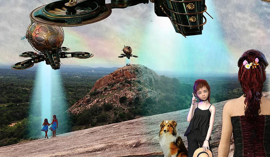 ufo, invasion, barn, Science fiction, utomjordisk, utomjording, människor, flickor, hund, overkligt, landskap