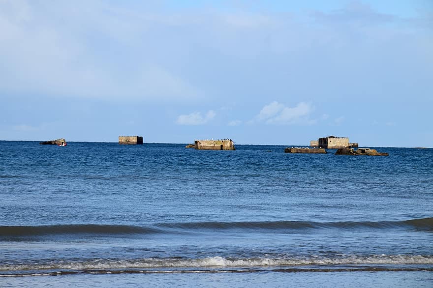 Normandia, mar, local historico, de praia, agua, verão, azul, litoral, panorama, onda, areia