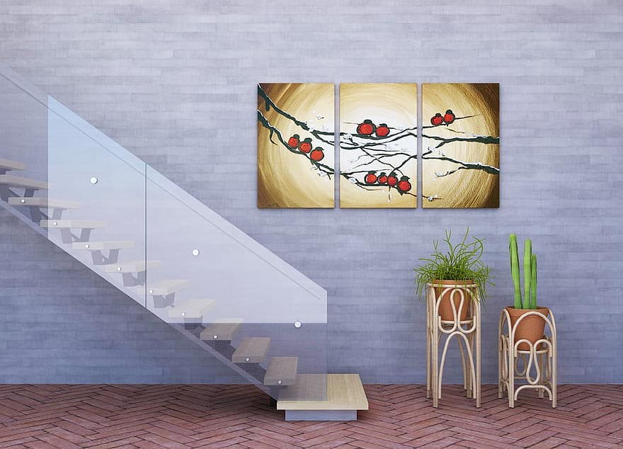 계단, 식물, 내부, 바닥, 벽, 포스터, 틀, 블루 프레임