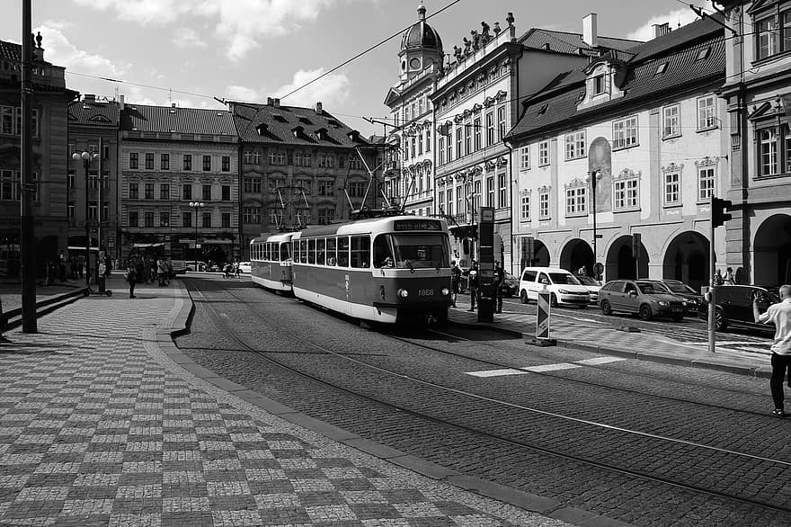 Europa, jernbane, tog, tsjekkisk, Praha, monokrom, reise, arkitektur, byliv, berømt sted, svart og hvit