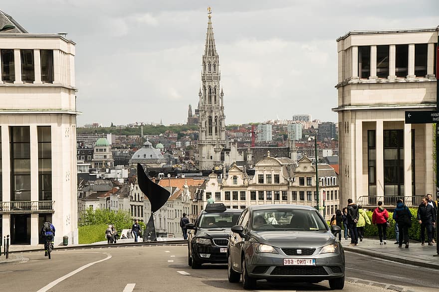 auto's, menigte, Brussel, Europa, hoofdstad, stad, vervoer