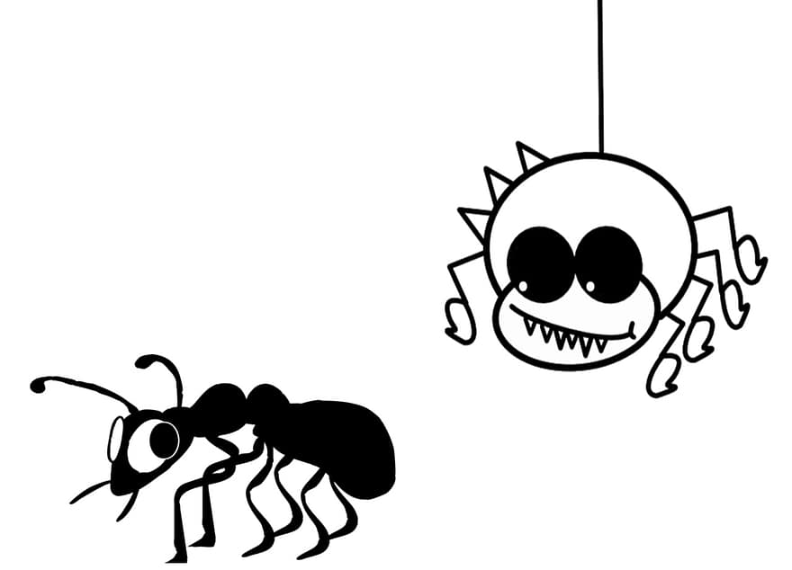Cartoon, White, Background, Blank, Space, Spider, Ant, Bug, Antennae, Silk, Web