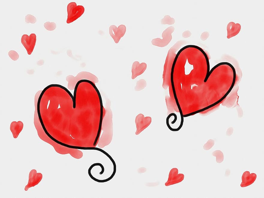corações, vermelho, amor, formas, doodle, pintura, pintado, aguarela, namorados, romance, romântico