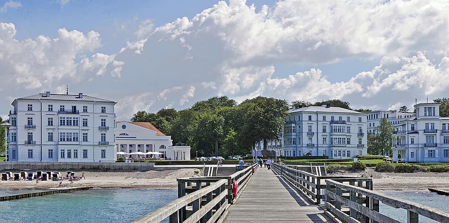 promenaden, brygge, resort, Heiligendamm, hav, Strand, bygninger, hotell, restaurant, promenade, mennesker
