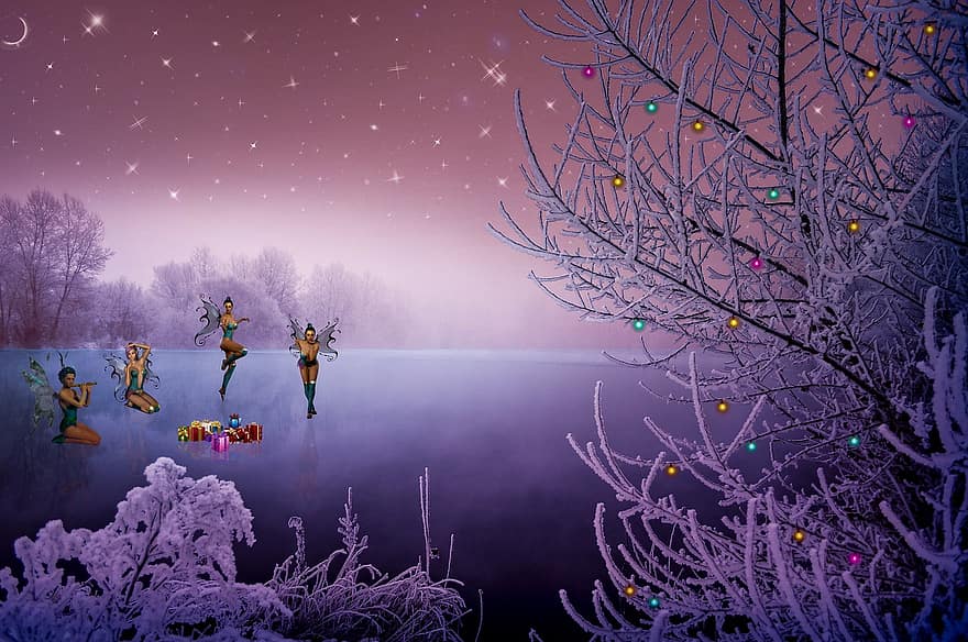 Crăciun, zane, elfi, cadouri, gheaţă, lac, îngheţat, zăpadă, acoperit cu zăpadă, decorate, bile