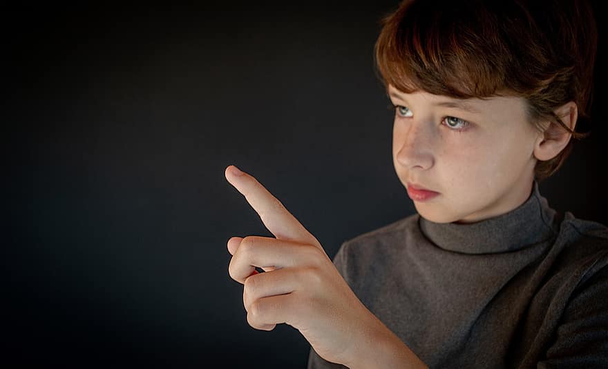Boy, Pointing, Portrait, Baby, Caucasian, Copy Space, Teen, Person, Hand, Finger, To Reach