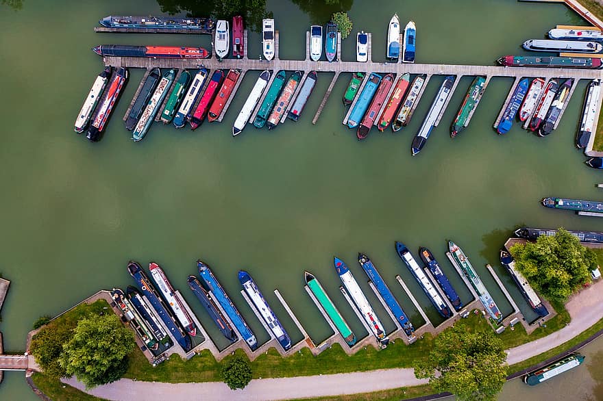 Boats, Narrowboat, Narrowboats, Boating, Marina, Aerial, Canal, Waterways, England, aerial view, transportation