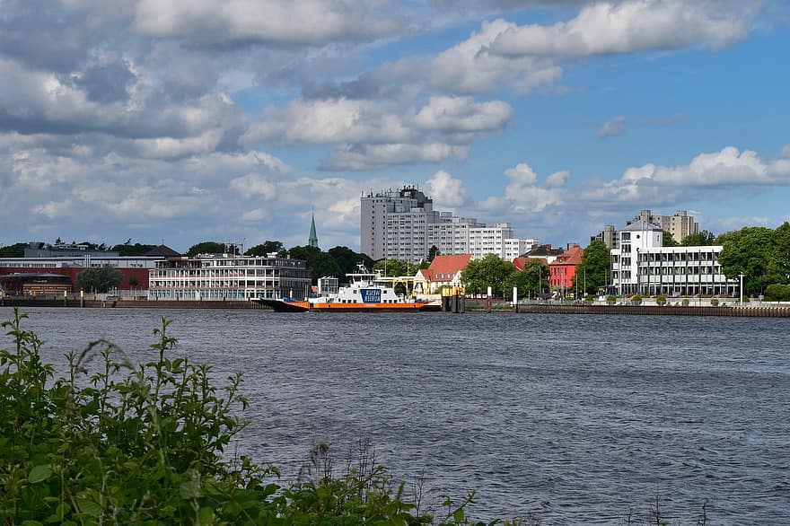 Weser, แม่น้ำ, ประเทศเยอรมัน, Bremen-vegesack, เลมแวร์เดอร์, ภูมิประเทศ, เรือเดินทะเล, น้ำ, การขนส่ง, การส่งสินค้า, สีน้ำเงิน
