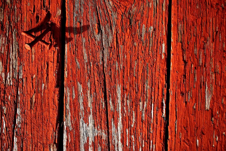 حائط ، خشب ، مسمار ، أحمر ، صبغ ، قديم