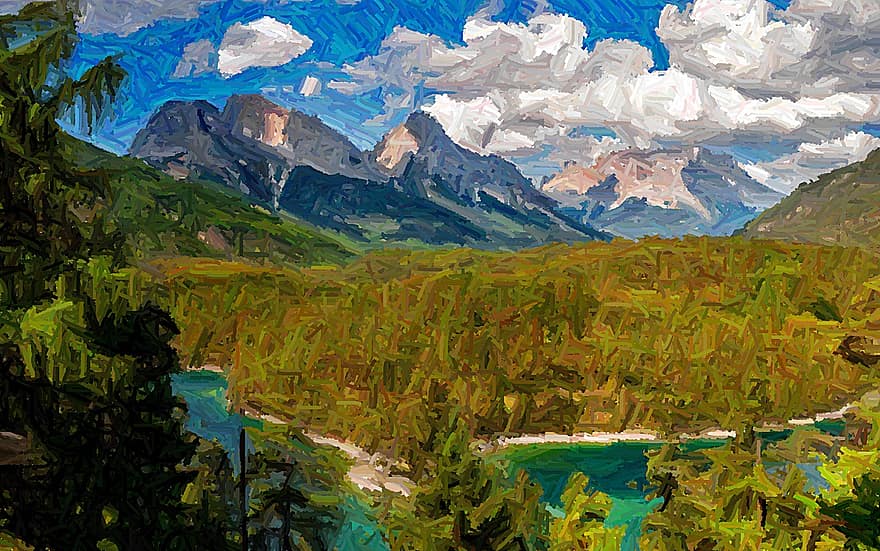 pintura, montañas, bosque, río, pintura al óleo, Pintura al temple, naturaleza, obra de arte