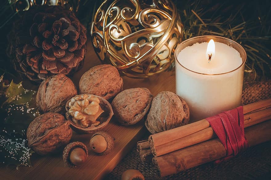 Vánoce, ořechy, svíčka, světlo, Dovolená, dekorace, jídlo