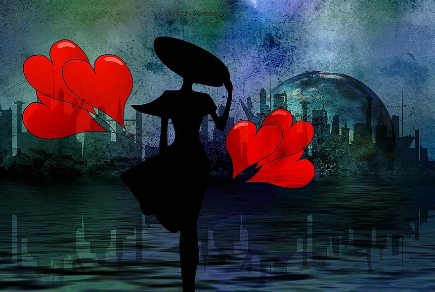 creació digital, romanç, amor, cor, barret, dia de Sant Valentí, romàntic, blau, fons, emocions, cel