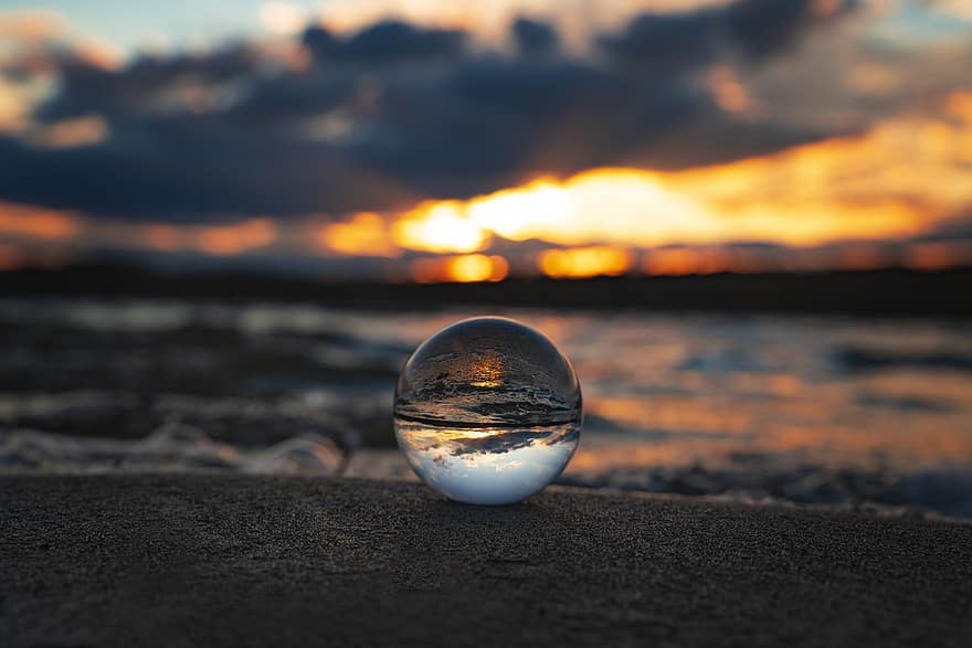 spiaggia, riflessione, palla di vetro, oceano, tramonto, sabbia, vacanza, yoga, zen, bicchiere, palla