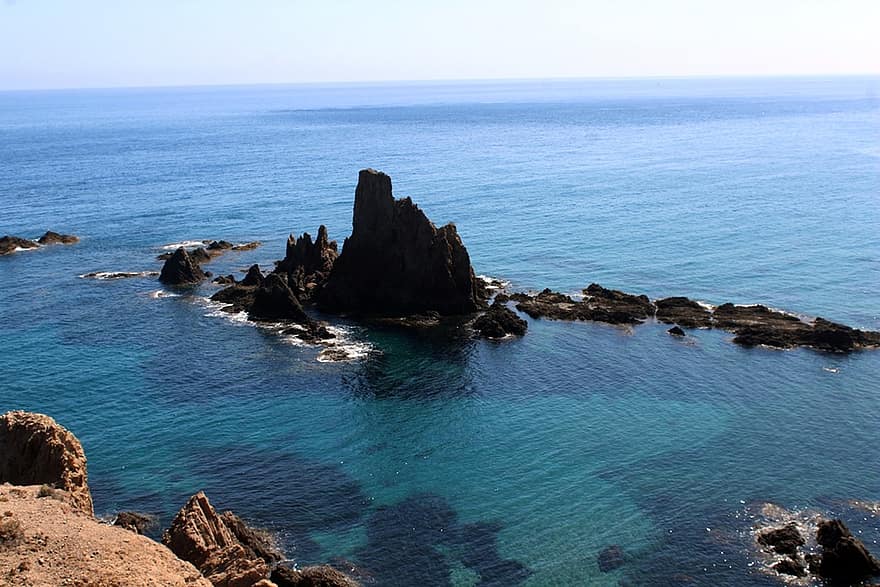 tenger, óceán, sziklák, szikla, tengerpart, Arrecife De Las Sirenas, almeria, cabo de gata