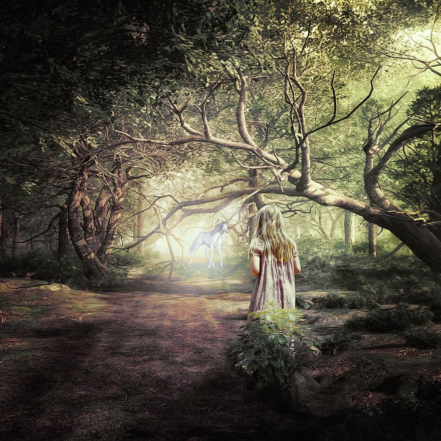 Fantazja, las, Natura, dziewczynka, jednorożec