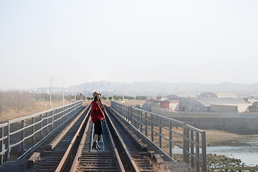 Woman, Bridge, Railway, Railroad, River, Fashion, Girl, Road, Rail, one person, lifestyles