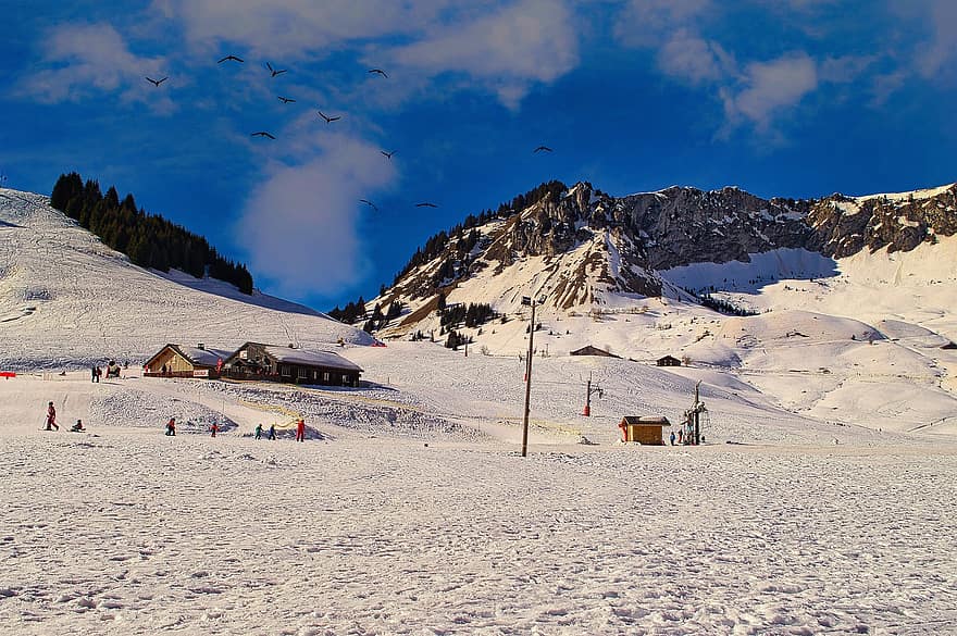 fjellene, snø, ski, natur, Haute-Savoie, Rhône-Alpes, Alpene, Frankrike, vinter, fjell, skibakke
