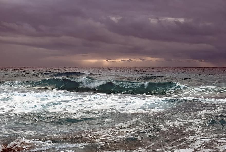 Sea, Waves, Storm, Sky, Clouds, Overcast, Stormy Weather, Seascape, Sunset, wave, water