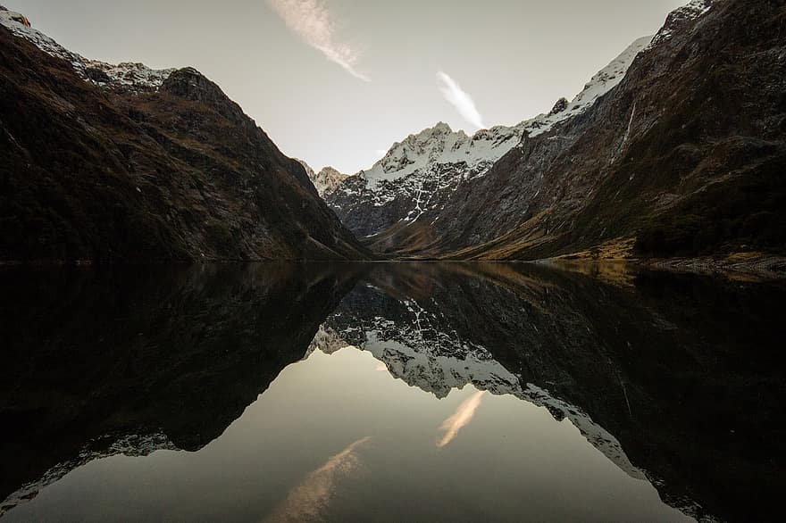 Mariansjön, sjö, bergen, vatten, reflexion, natur, vinter-, Nya Zeeland, södra ön, fiordland nationalpark