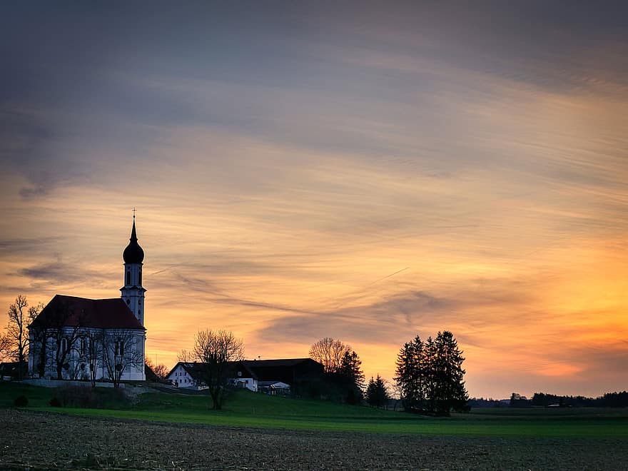 Church, Building, Sunset, Eve, Meadow, Backlighting, Clouds, Dusk, religion, christianity, rural scene