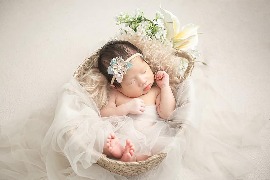 nadó, nen, dormir, infant, bressol, flors, bonic, infància, petit, dorment, una persona