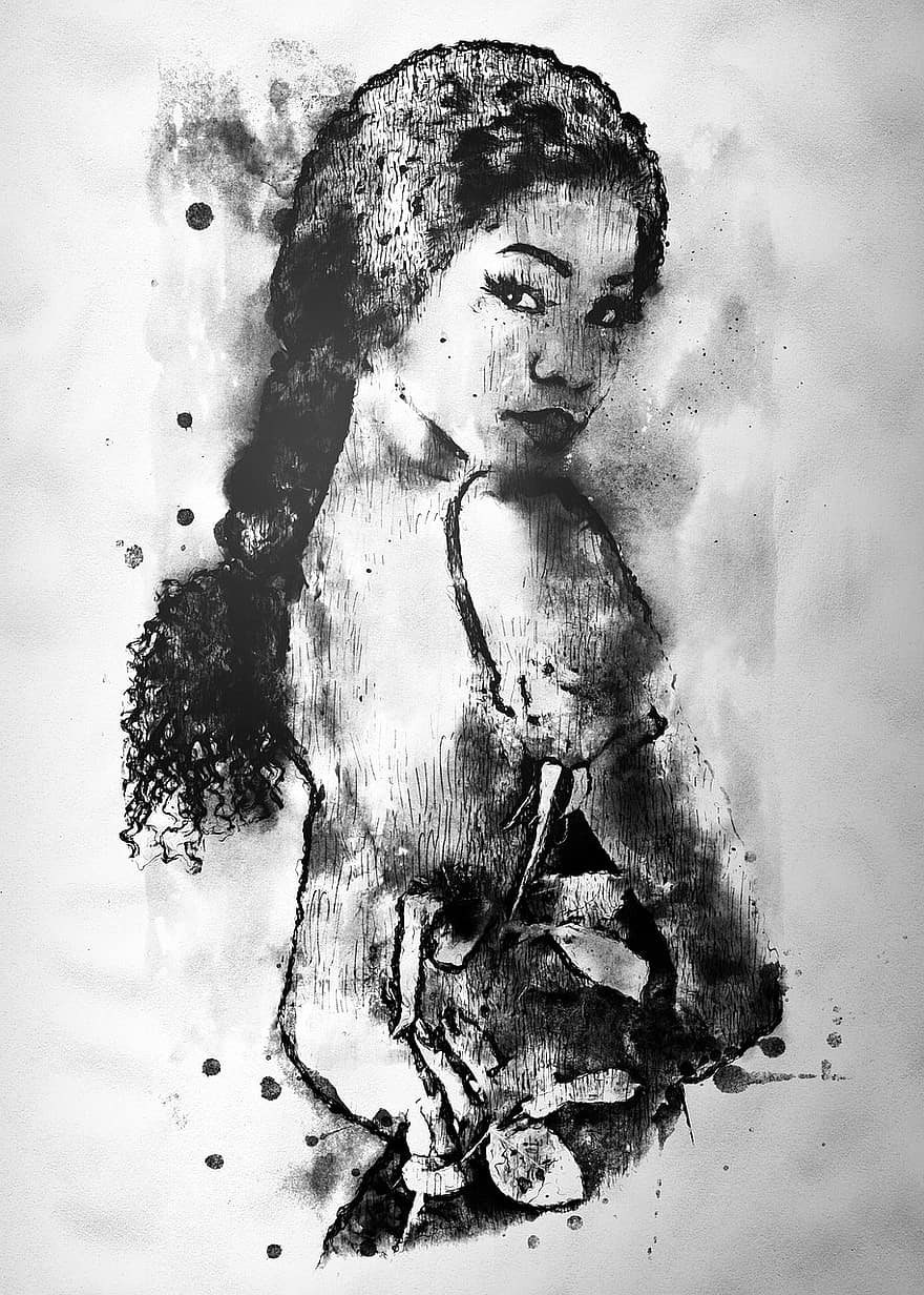 wanita, kreativitas, potret, model, keindahan, seni, lukisan, hitam dan putih, ilustrasi, perempuan, satu orang