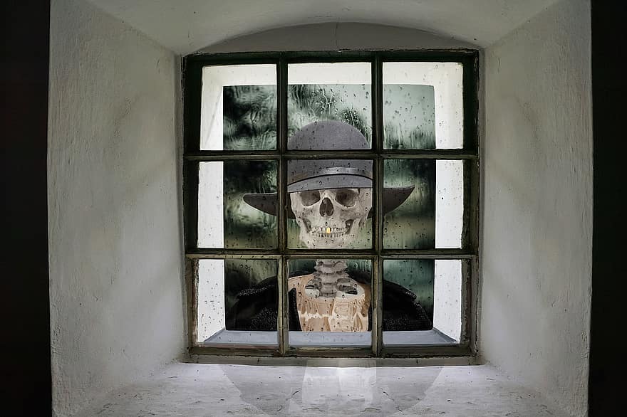 esqueleto, janela, chapéu, chuva, casaco, mulher, face, moda, sombra, gritante, dentro de casa